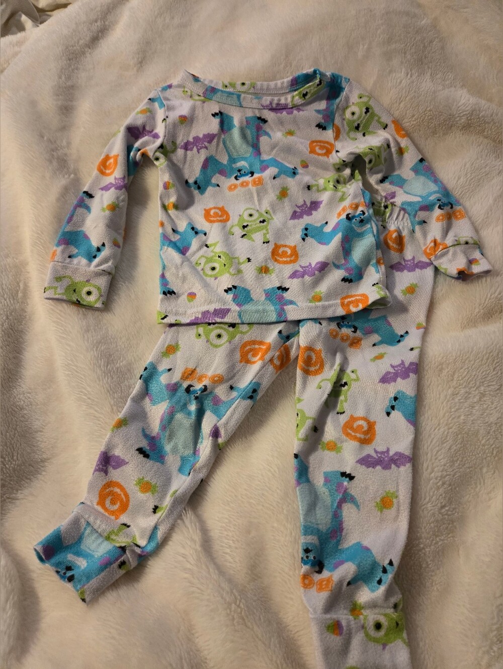 Disney White Monster Print Pajama Set with Blue, Green & Orange Accents
